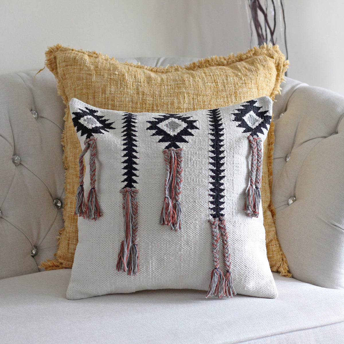 Handwoven Cotton Boho Pillow Cover - Playful Long Tassel Knots