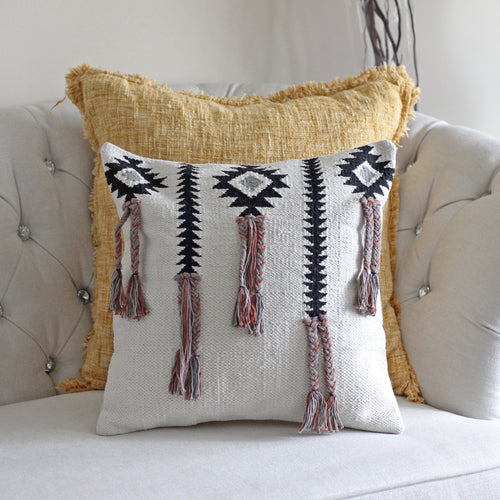 Handwoven Cotton Boho Pillow Cover - Playful Tassel Knots
