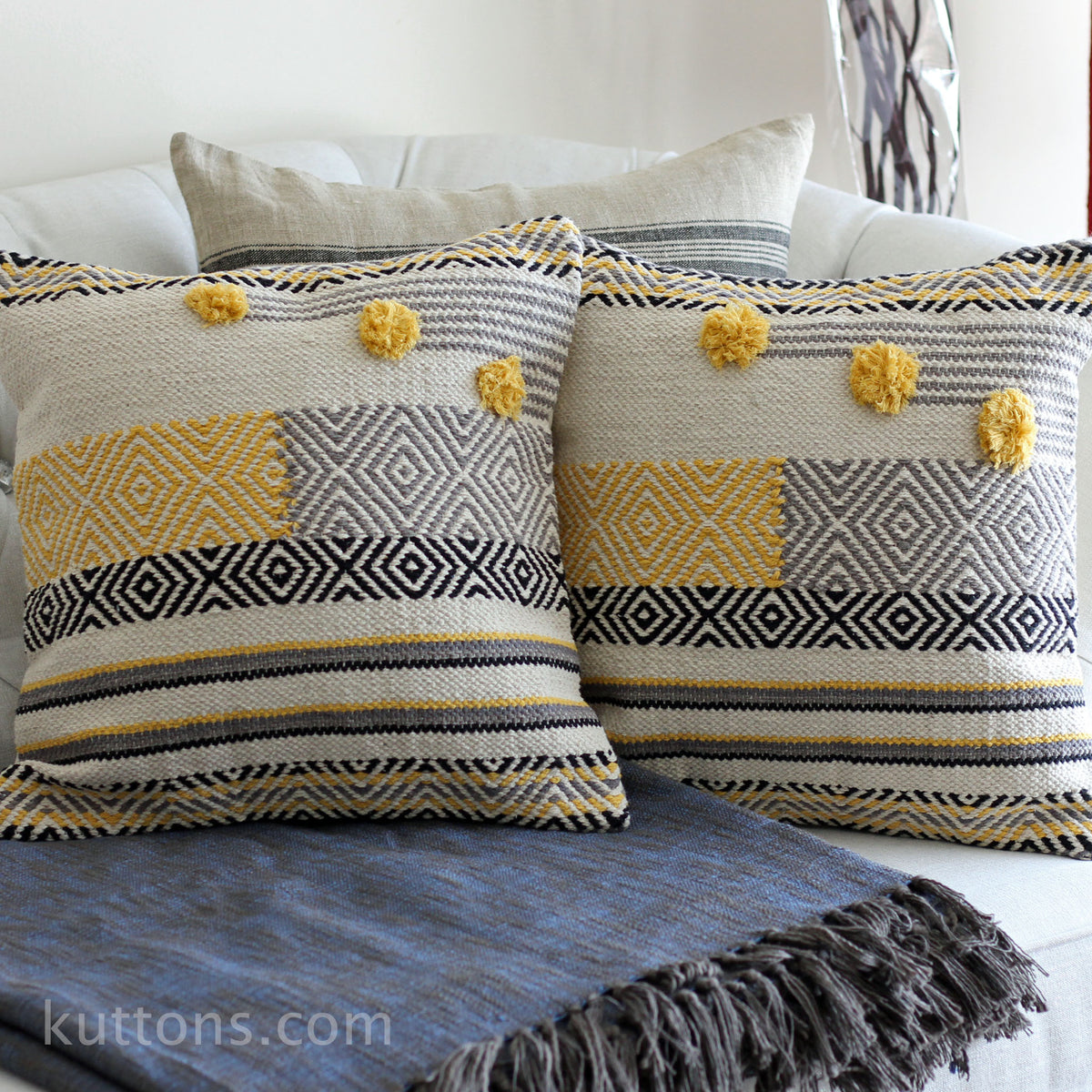 Handwoven Jute & Cotton Boho Kilim Pillow Cover Sets - Throw Pillows | Cream-Yellow, (Set of 2, Multiple Options), 18x18"