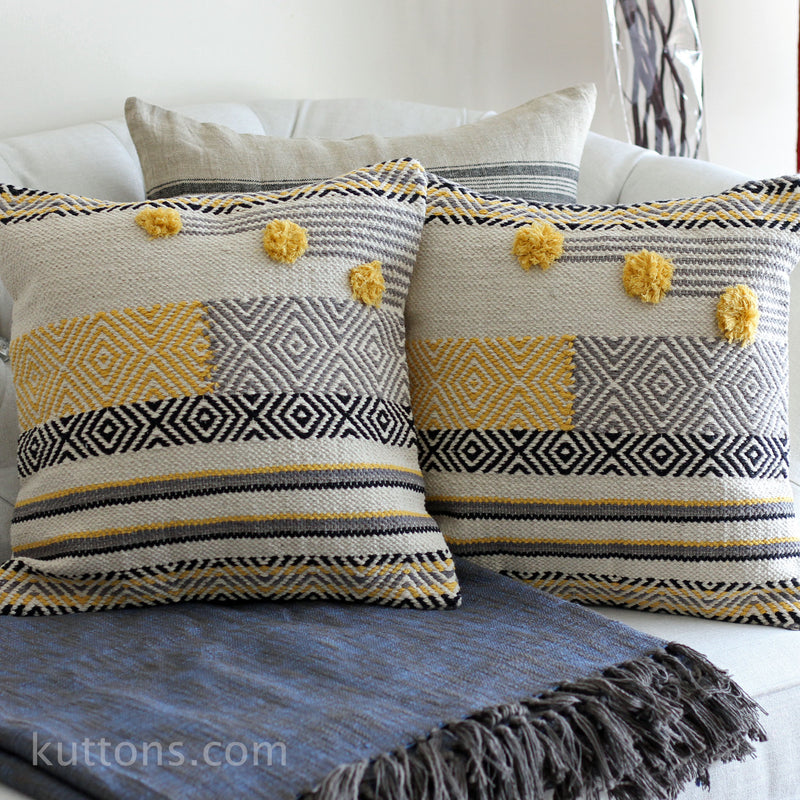 Handwoven Jute & Cotton Boho Kilim Pillow Cover Sets - Throw Pillows | Cream-Yellow, (Set of 2, Multiple Options), 18x18"