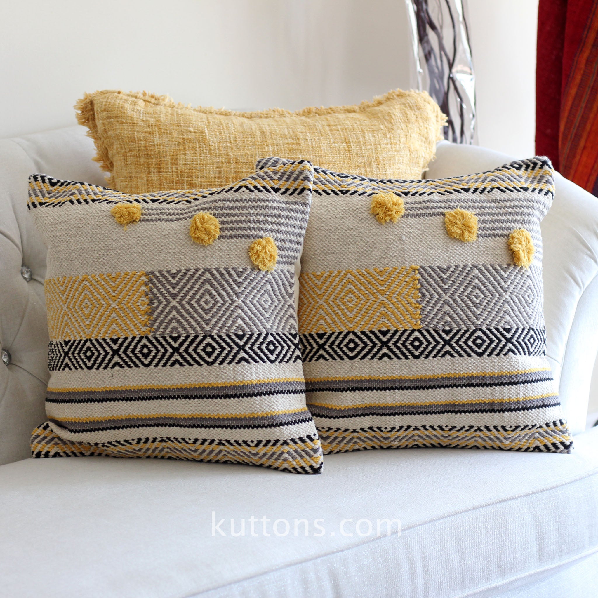 Handwoven Jute & Cotton Boho Kilim Pillow Cover Sets - Throw Pillows | Cream-Yellow, (Set of 2, Multiple Options), 18x18"