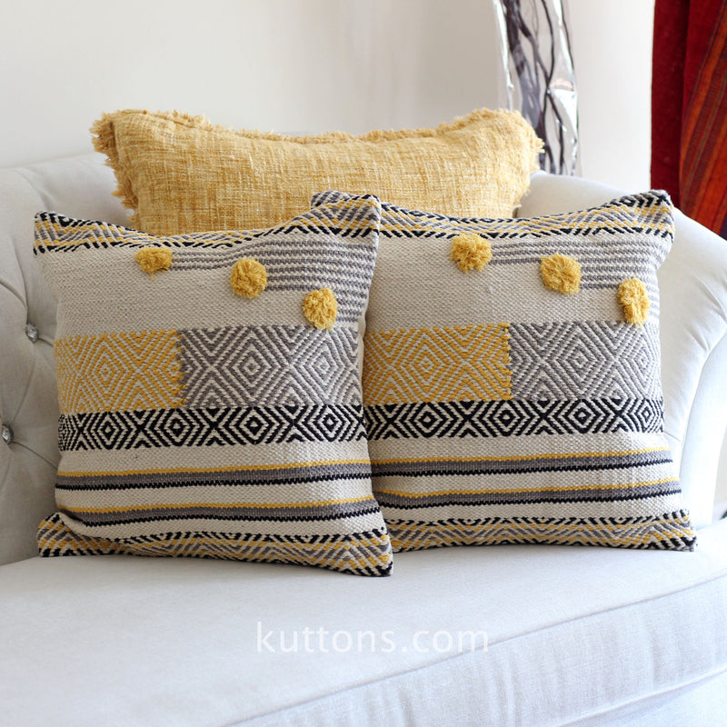 Handwoven Jute & Cotton Boho Kilim Pillow Cover Sets - Throw Pillows | Cream-Yellow, (Set of 2, Multiple Options), 18x18"