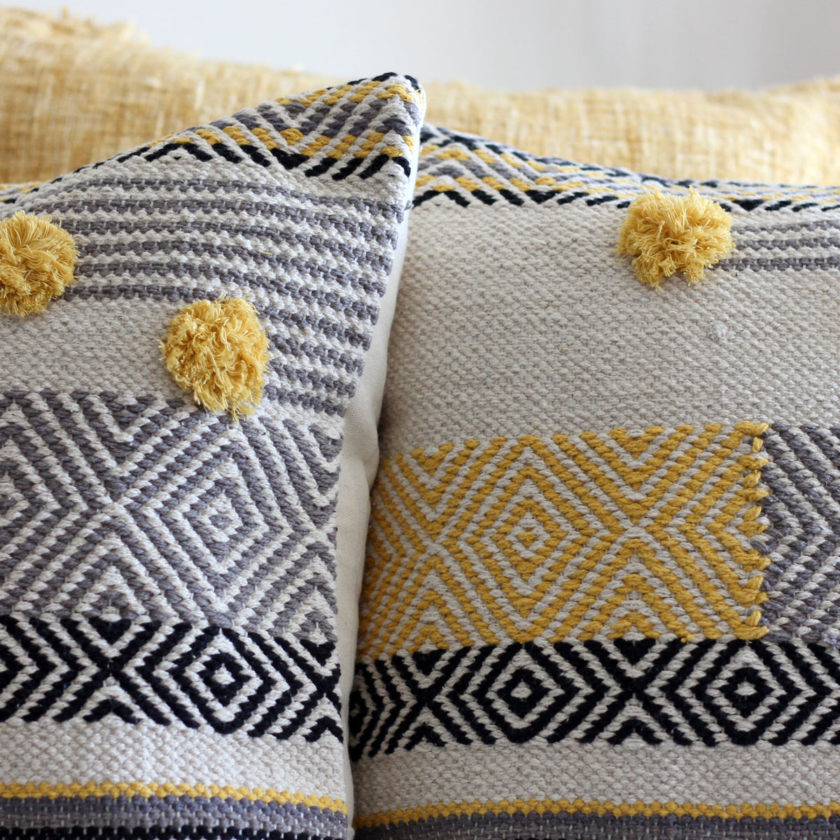 Handwoven Jute & Cotton Boho Kilim Pillow Cover Sets - Throw Pillows | Cream-Yellow, (Set of 2, Multiple Options), 18x18"