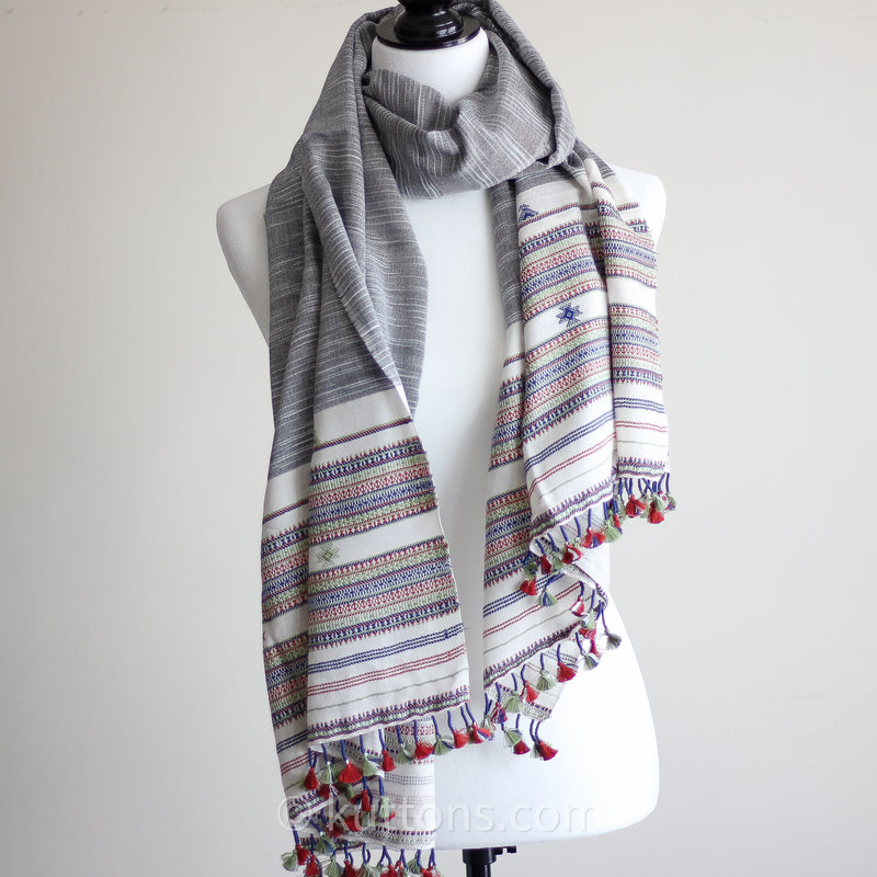 Handwoven Cotton Stole with Tassels - Bhujodi Wrap | Gray, 25x74"