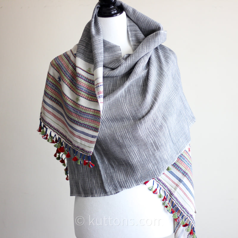 Handwoven Cotton Stole with Tassels - Bhujodi Wrap
