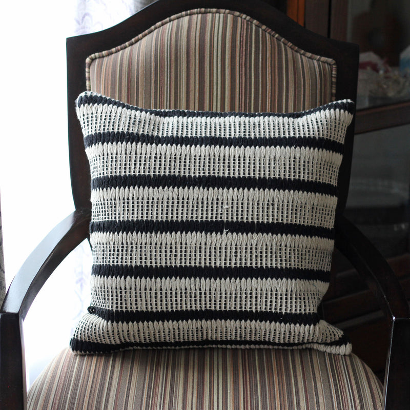 Handwoven Cotton Throw Pillow Cover - Strurdy Indoor/Outdoor Cushion, on chair