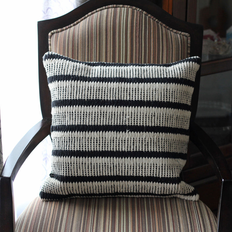 Handwoven Cotton Throw Pillow Cover - Strurdy Indoor/Outdoor Cushion, on chair