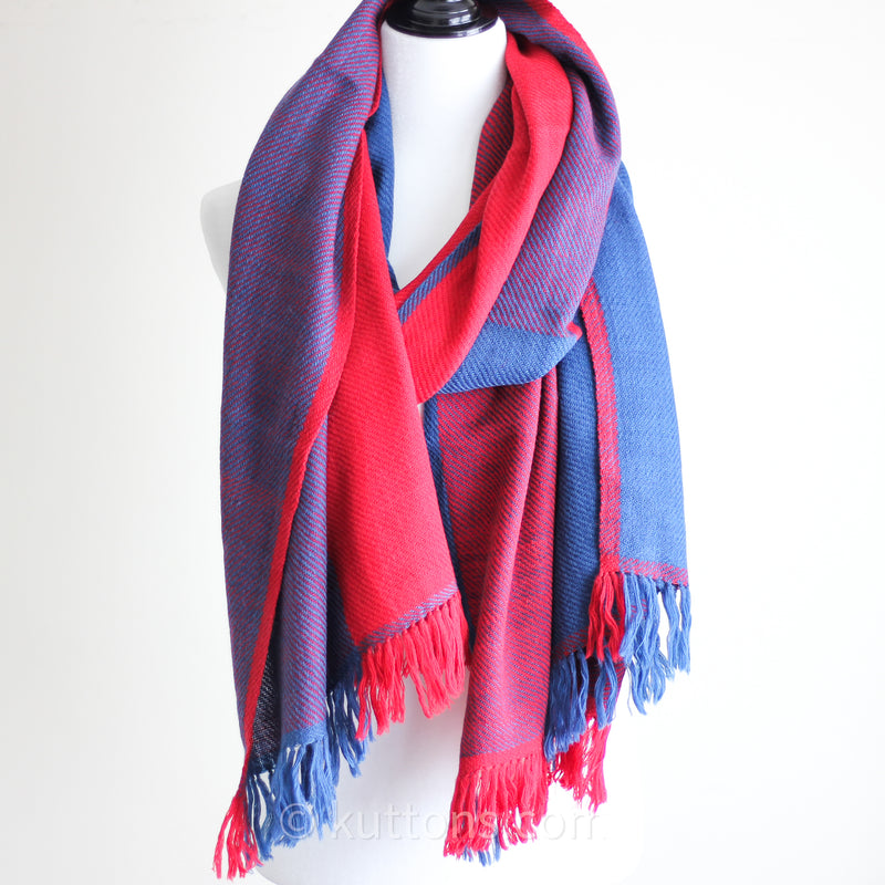 Handwoven Himalayan & Merino Wool Wrap - Dyed with Natural Organic Dyes (Red Madder & Indigo Blue) | Blue-Red, 23x84"