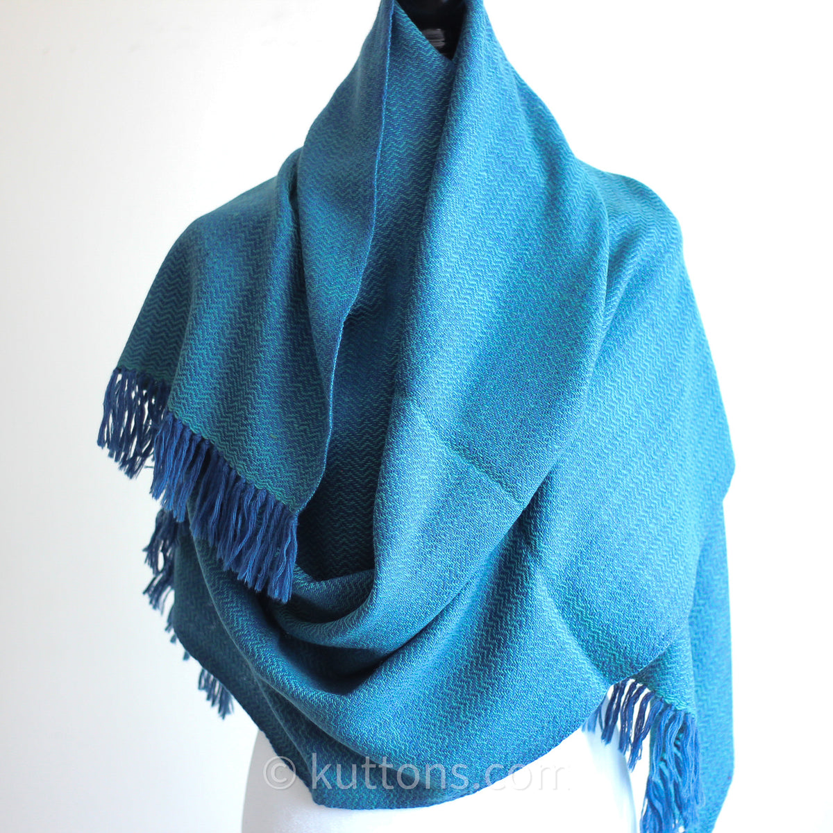 Handwoven Merino & Himalayan Woolen Shawl Wrap - Naturally Dyed with Indigo & Tesu Flowers | Blue-Green, 23.5x84"
