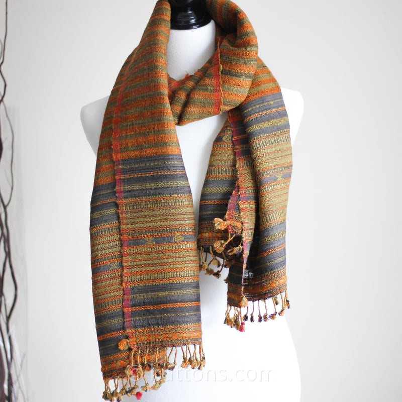 Handwoven Naturally Dyed Wrap with Tassels - Tusser Silk & Cotton | Orange-Gold, 23x72""