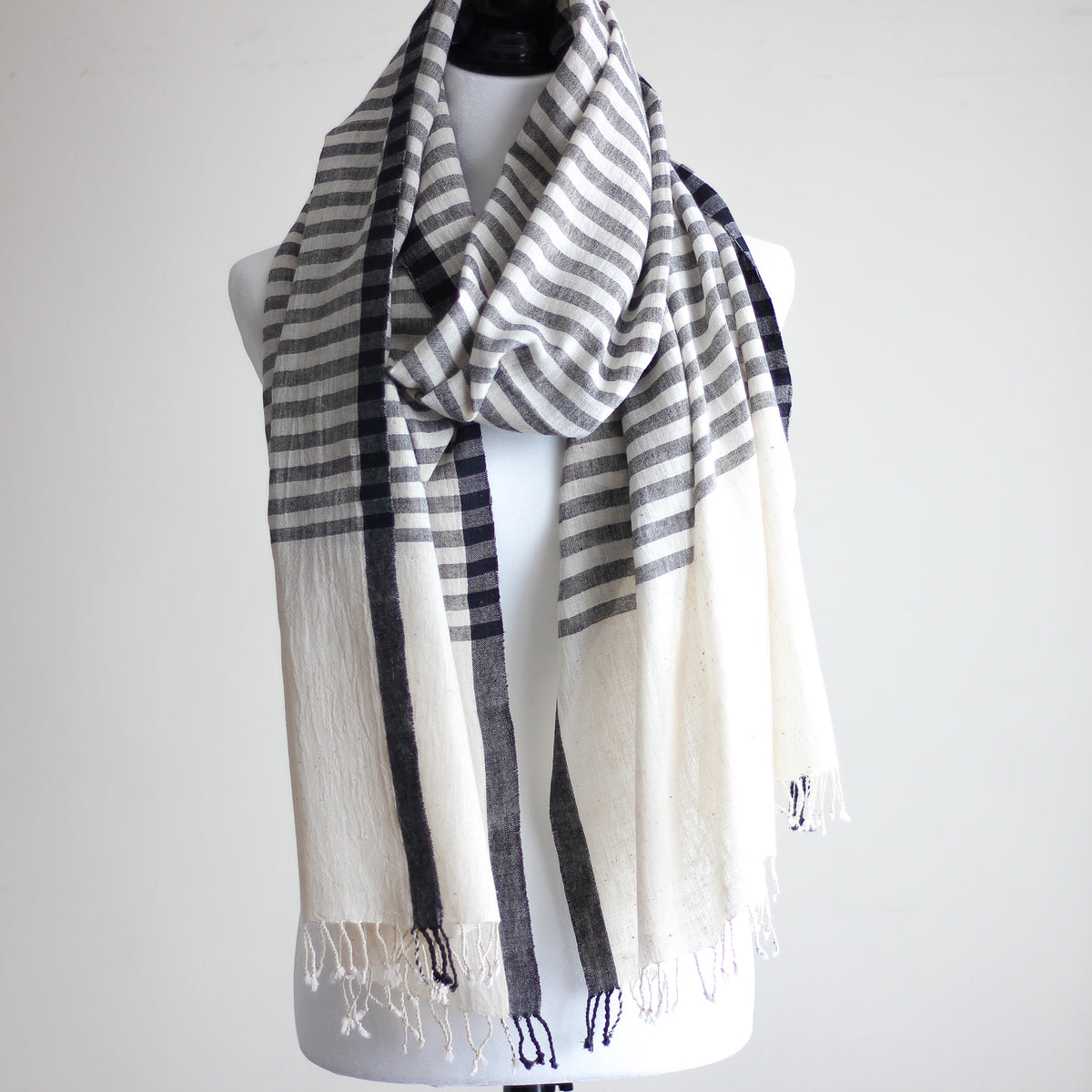 Handwoven Organic Cotton Scarf with Tassels - Genetically Pure Organic Kala Cotton Wrap | Cream-Gray, 23x84"