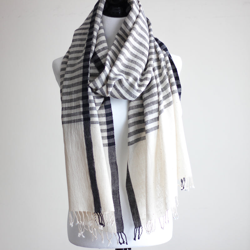 Handwoven Organic Cotton Scarf with Tassels - Genetically Pure Organic Kala Cotton Wrap | Cream-Gray, 23x84"