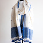 Handwoven Organic Cotton Shawl with Embroidered Mirrors - 100% Organic Kala Cotton Wrap | Cream-Blue, 40x96"
