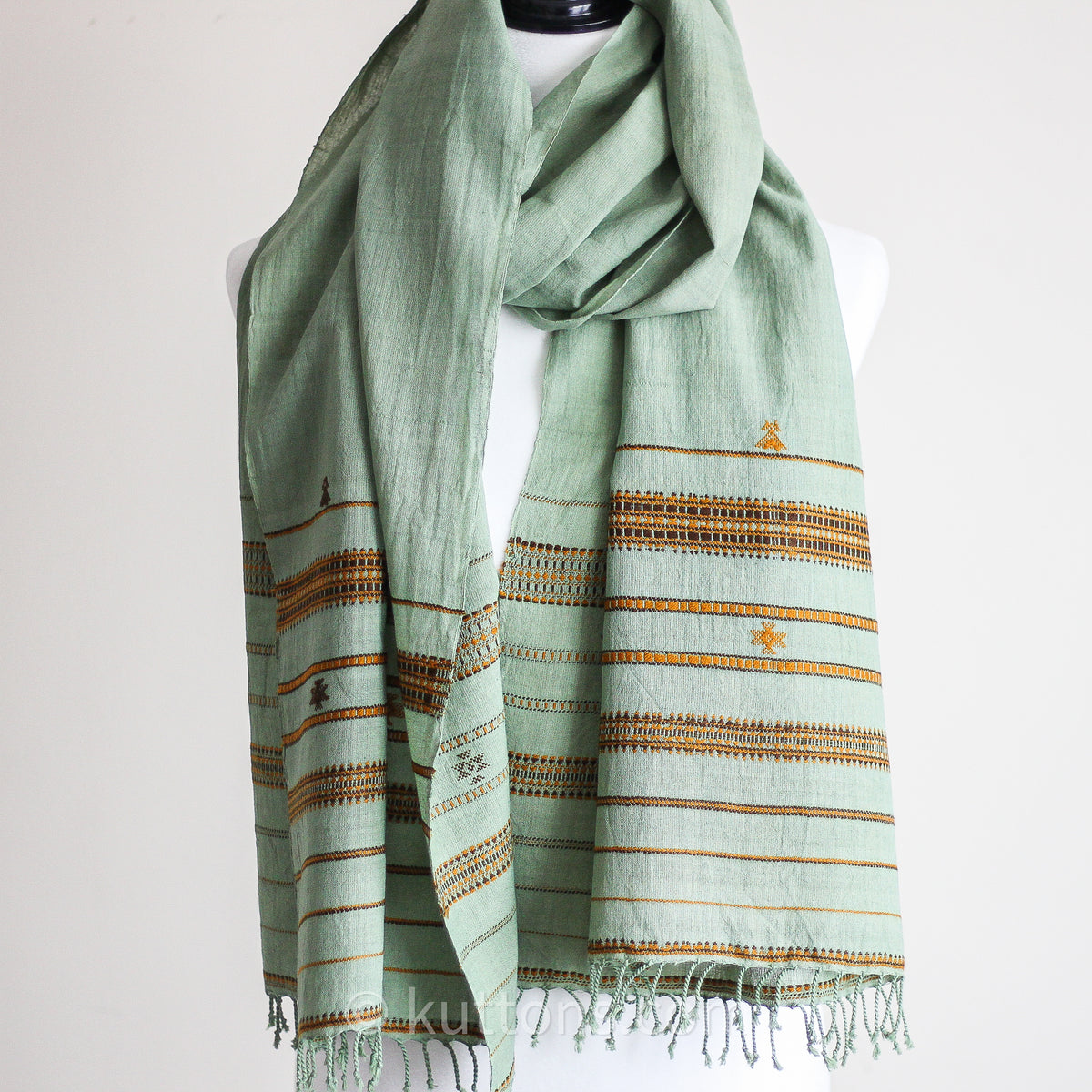 Handwoven Organic Kala Cotton Scarf - Wrap with Tassels | Green, 23x78"