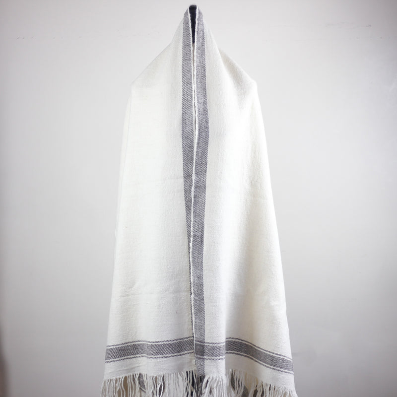 Handwoven Pure Himalayan Sheep Wool Shawl - Rustic Warm Blanket | White-Cream, 39x82"