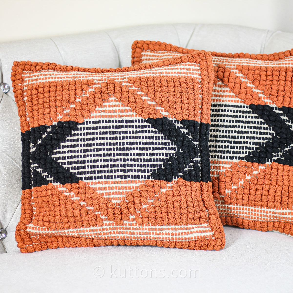 Handwoven Textured Cotton Pillow Cover | Coral-Black, 18x18" Square