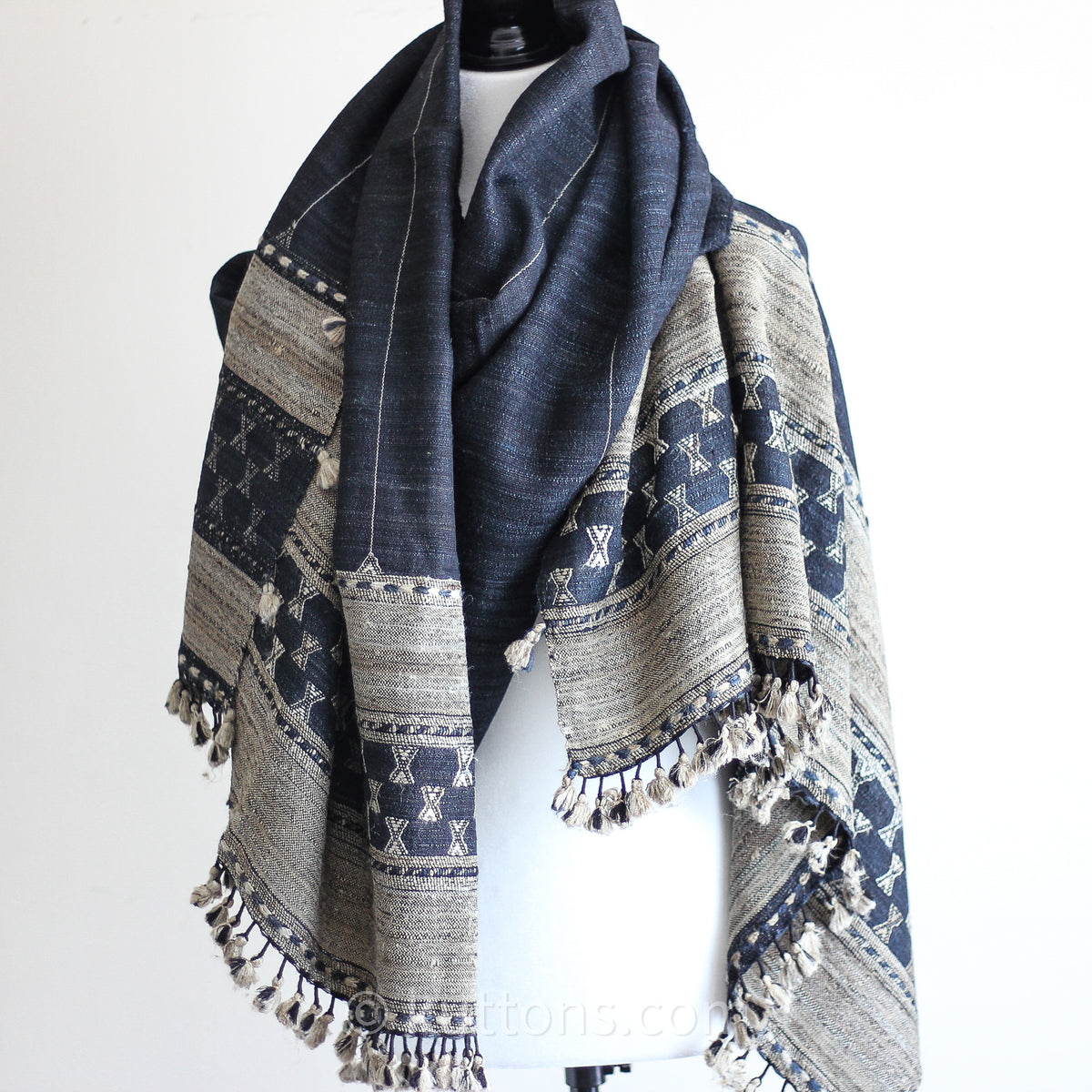 Handwoven Tussar Silk & Merino Wool Shawl with Tassels | Black, Brown, 38x86"