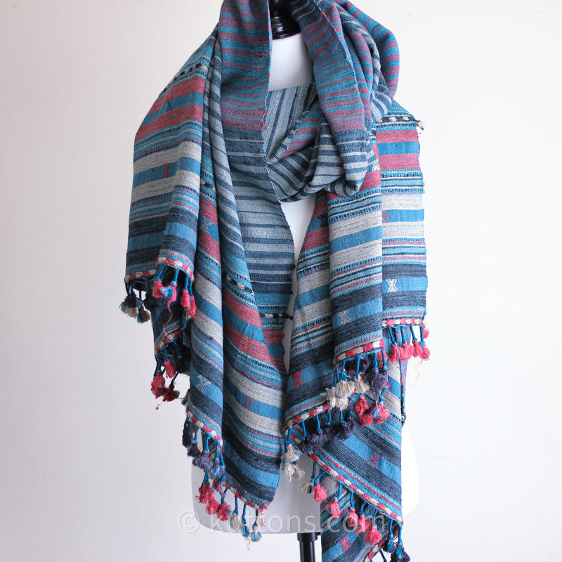 Handwoven Tussar Silk & Merino Wool Shawl - Long Tassels, Striped Pattern | Blue & Pink, 39x86"