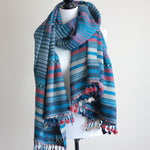 Handwoven Tussar Silk & Merino Wool Shawl - Long Tassels, Striped Pattern | Blue & Pink, 39x86"
