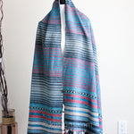 Handwoven Tussar Silk & Merino Wool Shawl - Long Tassels, Striped Pattern | Blue & Pink, 39x86"
