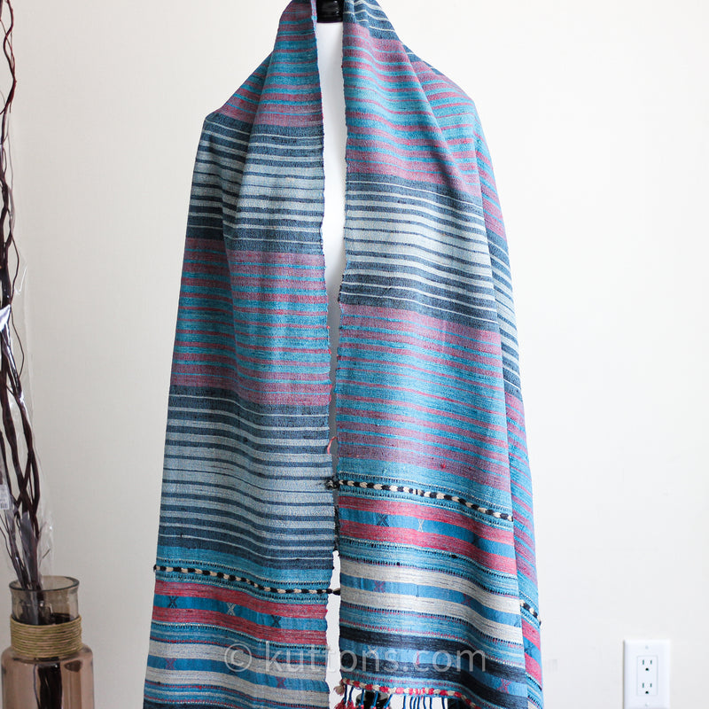 Handwoven Tussar Silk & Merino Wool Shawl - Long Tassels, Striped Pattern | Blue & Pink, 39x86"