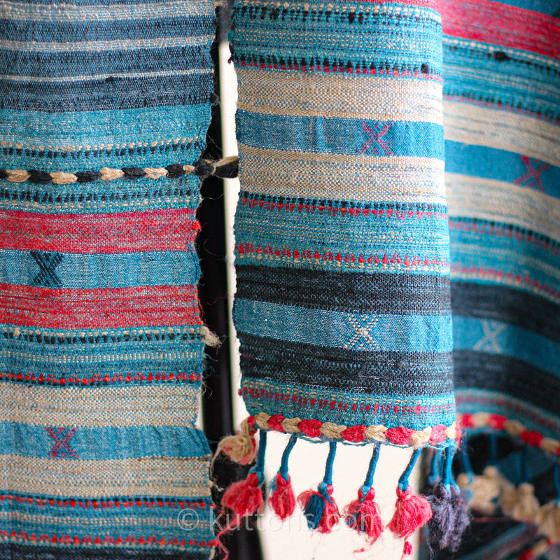 Handwoven Tussar Silk & Merino Wool Shawl - Long Tassels, Striped Pattern | Blue & Pink, 39x86"