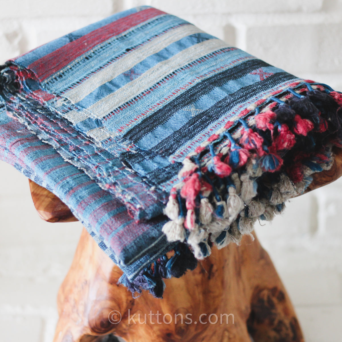 Handwoven Tussar Silk & Merino Wool Shawl - Long Tassels, Striped Pattern | Blue-Pink, 39x86"