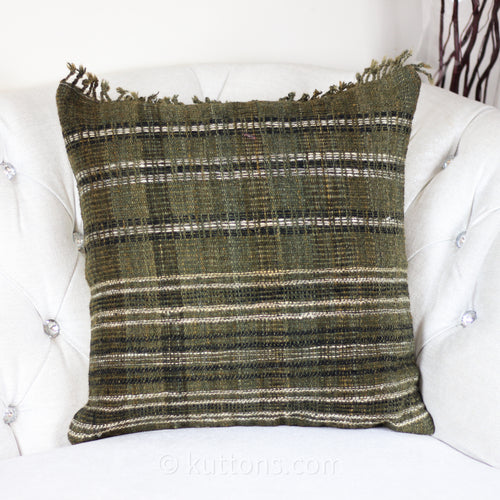 Handwoven Wool & Cotton Cushion Cover with Tassels - Rustic Look | Green-Brown, 20x20"