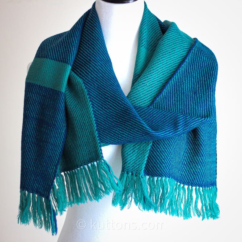Handwoven Woolen Scarf - Naturally Dyed with Indigo and Tesu Flowers | Green-Blue, 12x72"