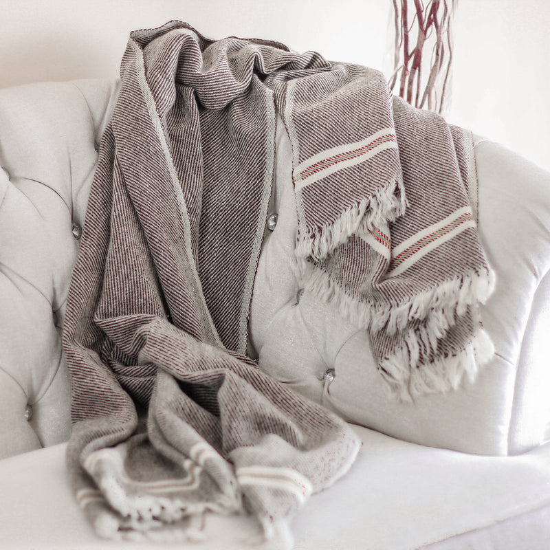 Handwoven Woolen Throw cum Blanket - Rustic Charm | Cream-Brown, 44x78"