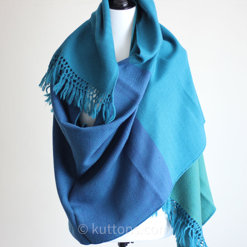 Handwoven Woolen Wrap - Naturally Dyed with Tesu Flowers & Indigo | Blue-Green, 26x80"
