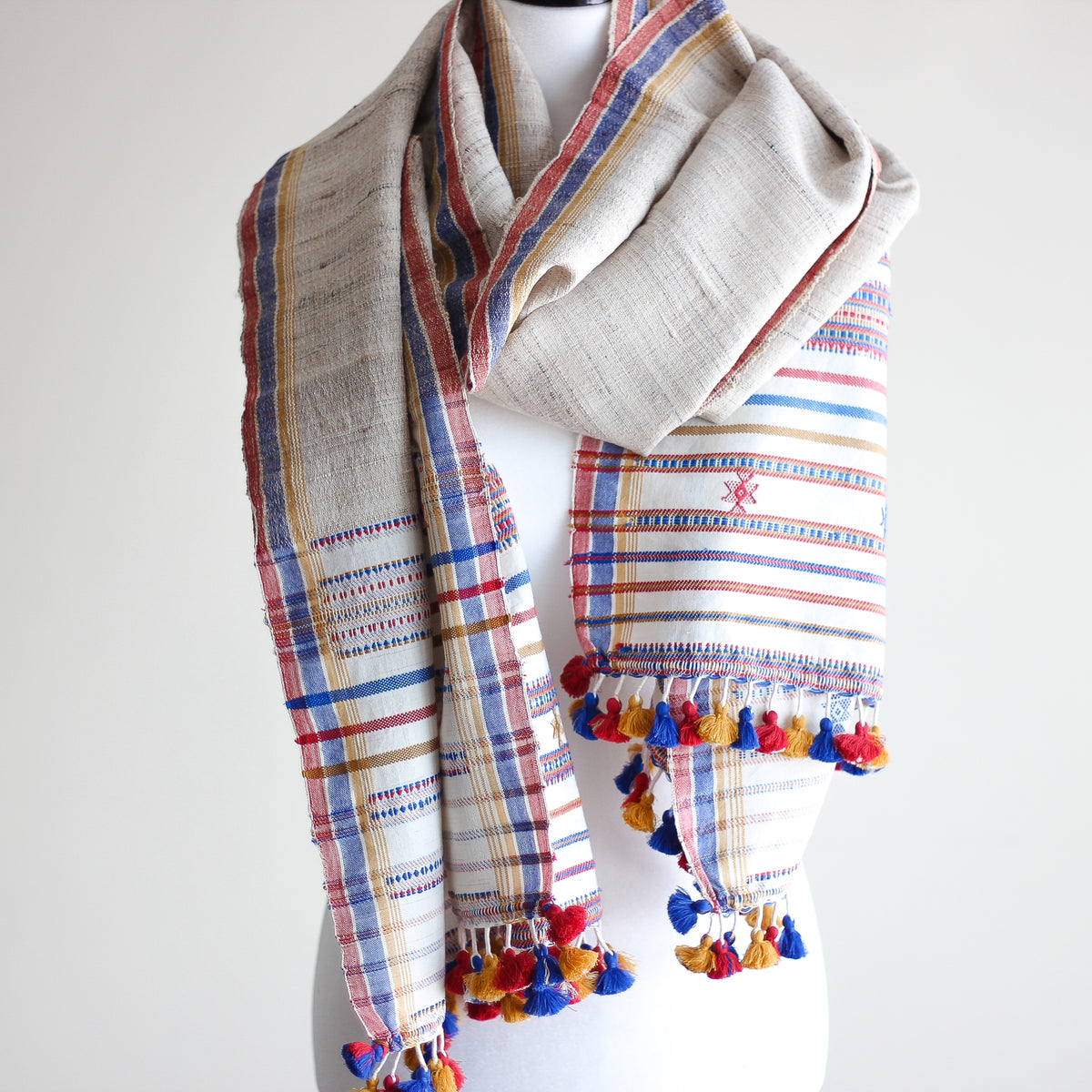 Handwoven Wrap from Handspun Tusser Silk & Fine Cotton - Colourful Tassels | Beige Stole, 24x86"
