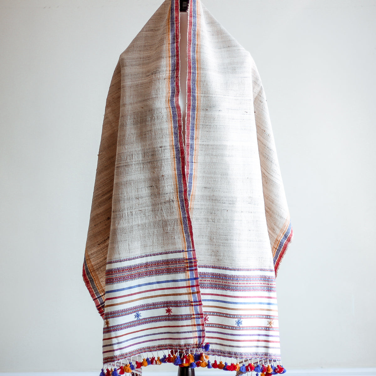 Handwoven Wrap from Handspun Tusser Silk & Fine Cotton - Colourful Tassels