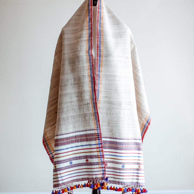 Handwoven Wrap from Handspun Tusser Silk & Fine Cotton - Colourful Tassels