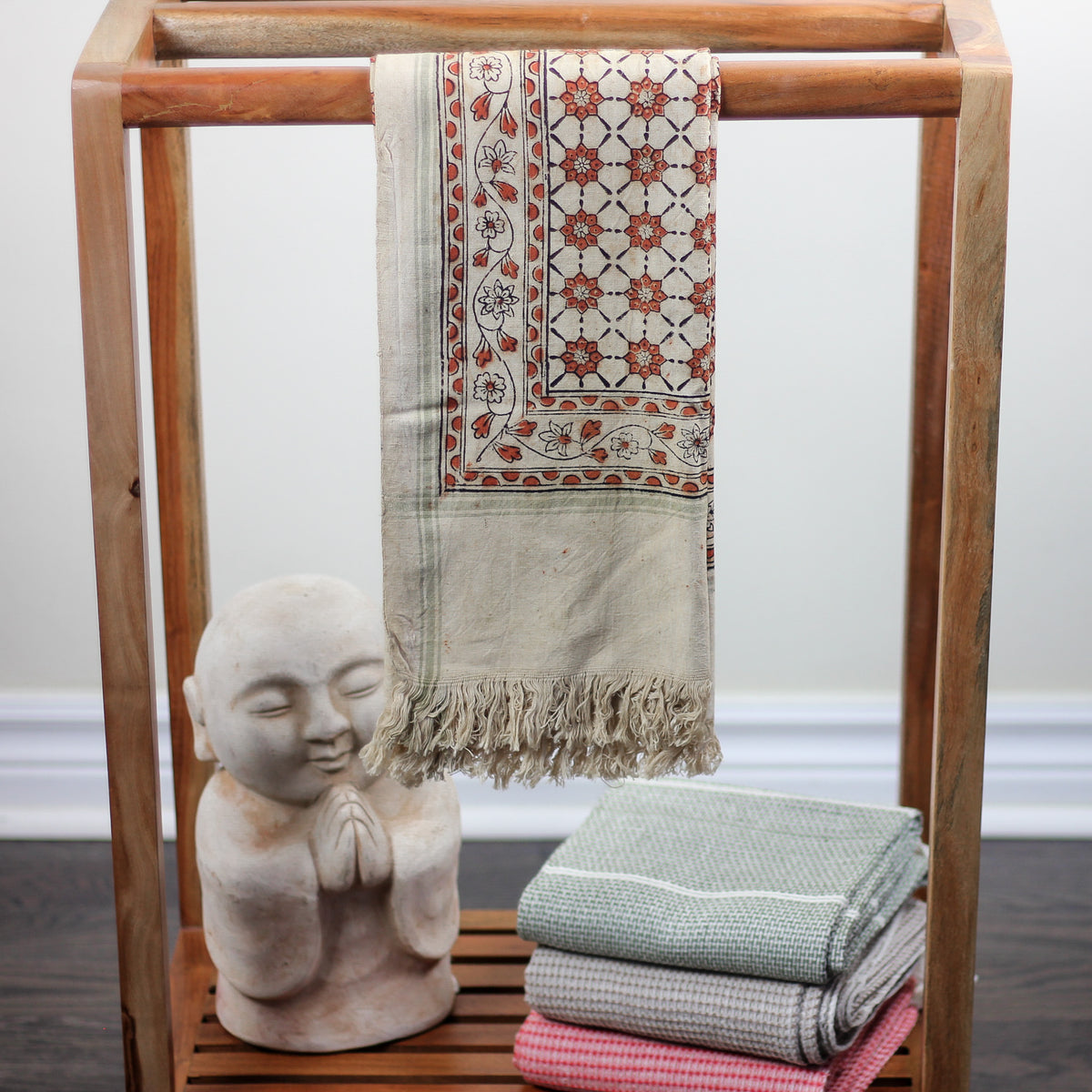 Kalamkari Hand Block Printed Handwoven Cotton Decorative Towel - Dyed with Natural Colours | Beige-Rust, 28x61"