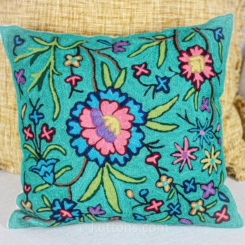 hand embroidered pillow cover wool and cotton