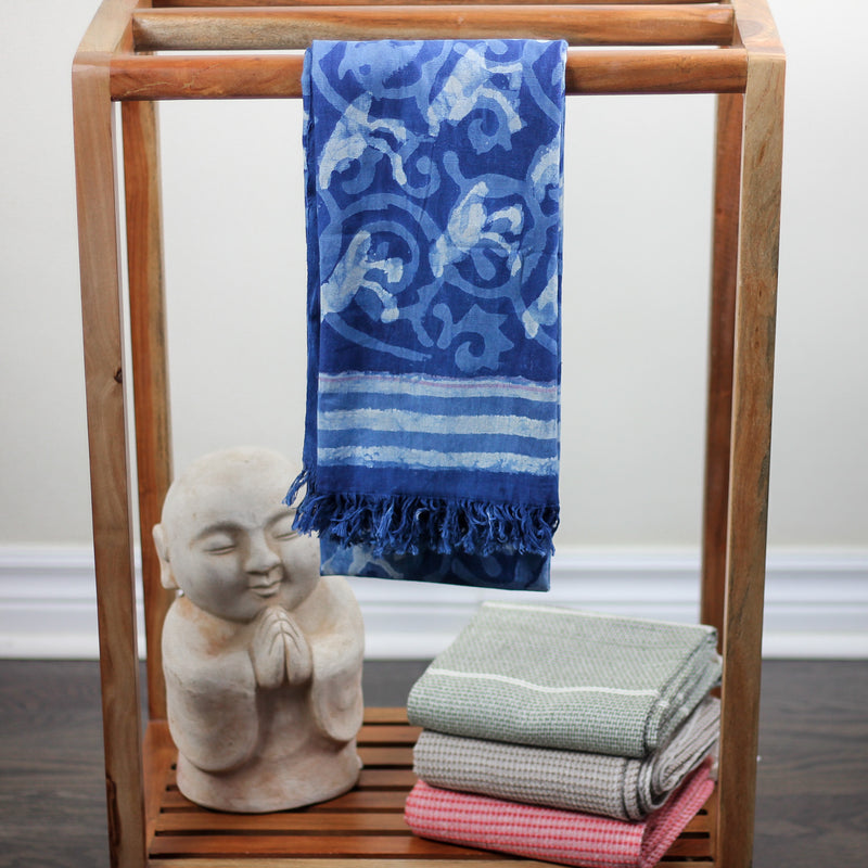 Naturally-Dyed Art Block Print Handwoven Cotton Towel - Guest Bathroom Decor | Blue, 28x62"