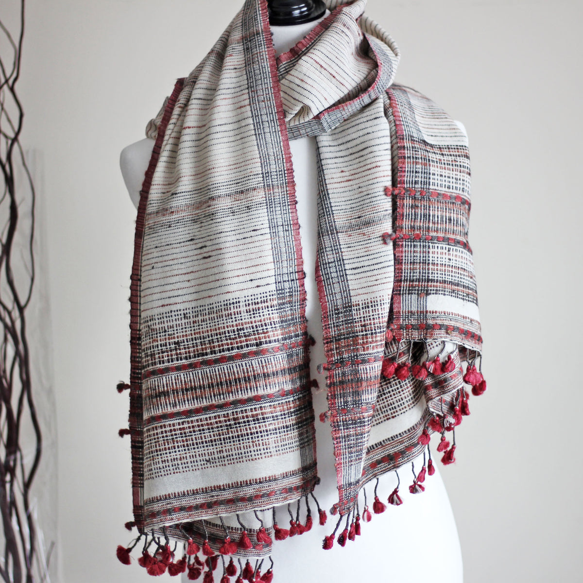 Naturally Dyed Handwoven Wrap with Tassels - Cotton Warp, Eri Silk Weft, Tusser Silk Extra Weft Stole | White-Red, 23x70"