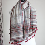 Naturally Dyed Handwoven Wrap with Tassels - Cotton Warp, Eri Silk Weft, Tusser Silk Extra Weft Stole | White-Red, 23x70"