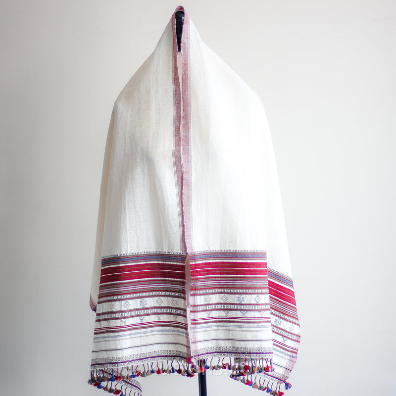Organic Kala Cotton Stole with Tassels - Handspun & Handwoven Wrap | Cream-Red, 23x72"