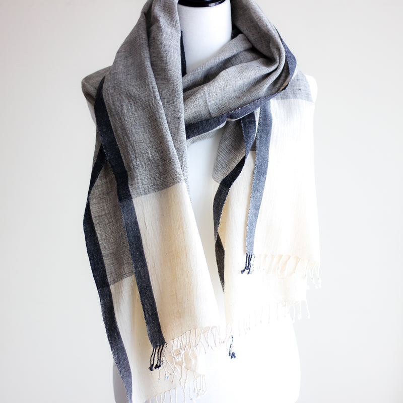 Organic Kala Cotton Wrap with Tassels - Handwoven Genetically Pure Organic Cotton Stole | Cream-Gray, 23x84"