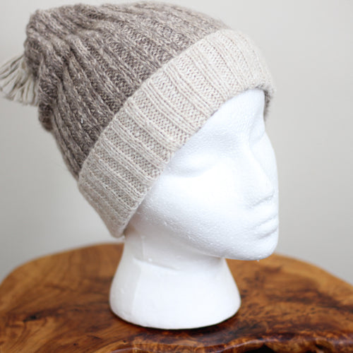 Pure Cashmere Cable Hat with Pom Pom - 100% Pashmina Cashmere from Ladakh Himalayas | Grayish Brown