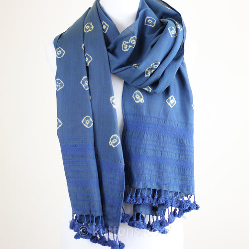 Shibori Tie-Dye Fine Cotton Scarf - Handwoven Wrap with Tassels | Blue, 21x81"