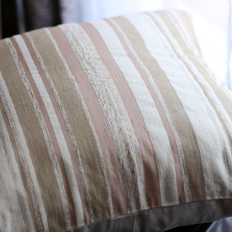 Handwoven Silk Textured Stripe Pillow Cushion Cover - Coconut Shell Button | Cream-Golden Brown, 21x21"