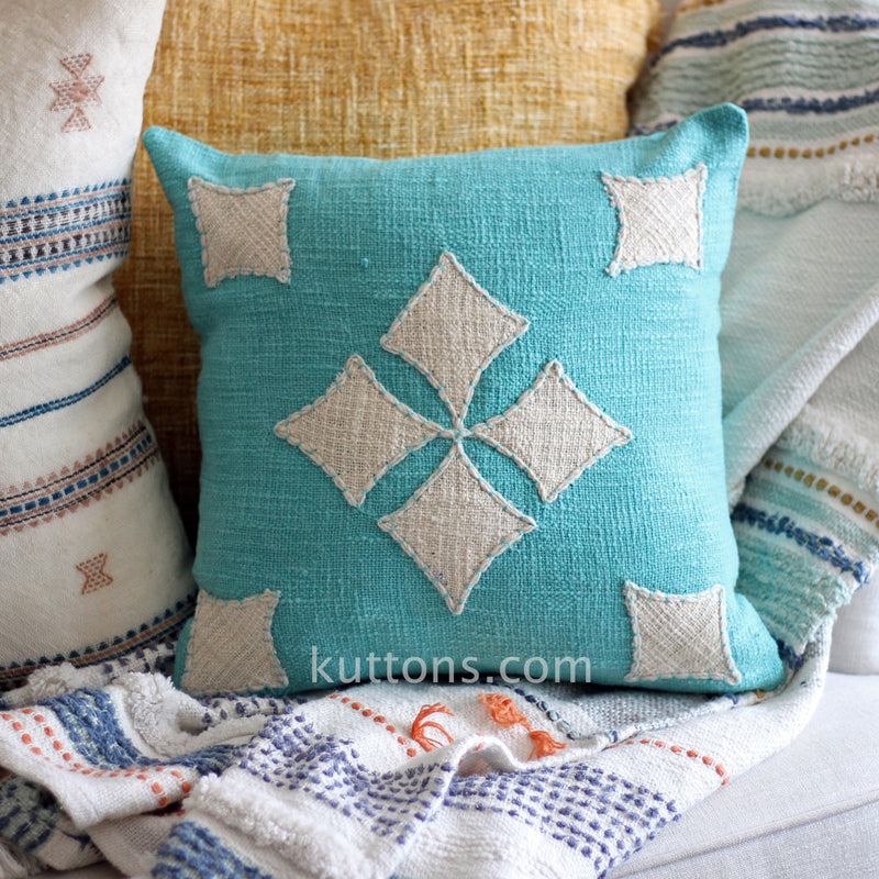 Sky Blue Cotton Jute Throw Pillow Cover - Natural Texture | Blue Cushion, 16x16"