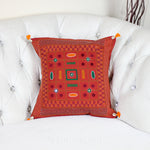 Tribal Lambani Hand Embroidered Cushion Cover - With Kodi Sea Shell Tassels | Banjara Decorative Throw Pillow, Carmine,16"
