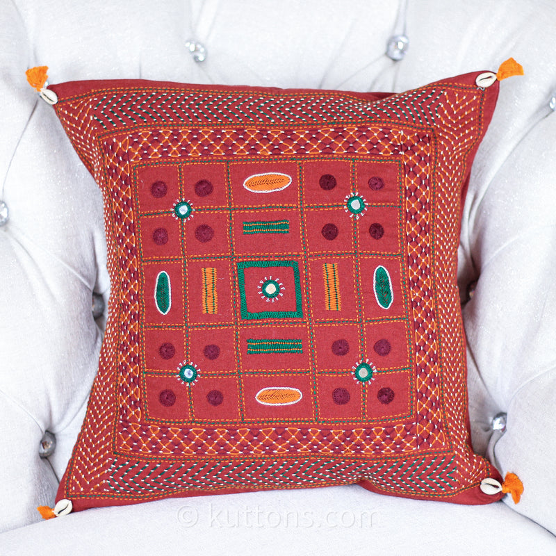 Tribal Lambani Hand Embroidered Cushion Cover - With Kodi Sea Shell Tassels
