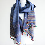 Tussar Silk & Fine Cotton Wrap with Tassels - Handspun & Handwoven | Blue, 25.5x85"