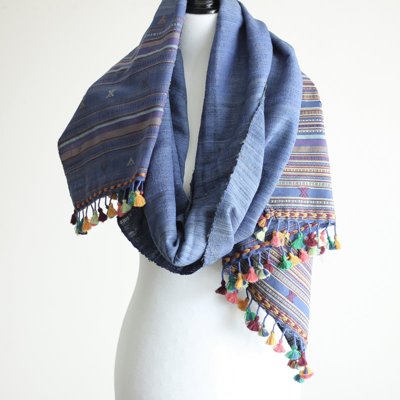 Tussar Silk & Fine Cotton Wrap with Tassels - Handspun & Handwoven