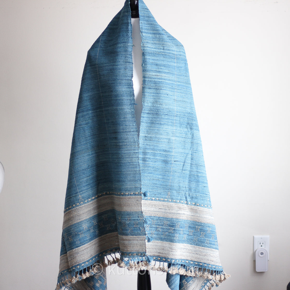 Tussar Silk & Merino Wool Shawl with Tassels - Handspun & Handwoven
